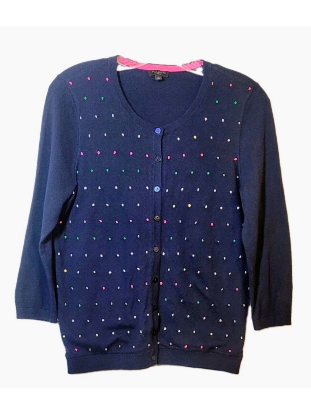 Talbots Cardigan Sweater Navy Mp Button Up Colorful Swiss Dots Long Sleeves